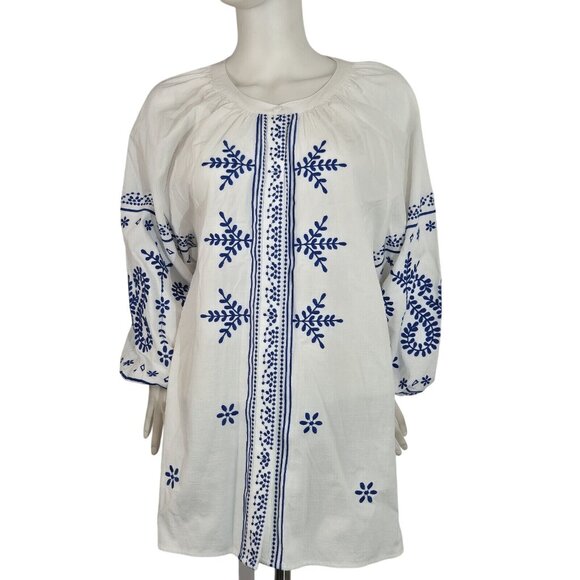 Calessa Women's Size XL White Blue Embroidered Crew Neck 3/4 Sleeve Tunic (27) - Picture 1 of 13